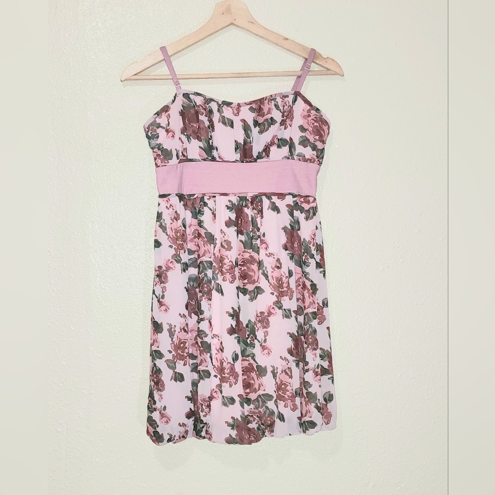 Johnny Martin sizeS Pink Rose Print Dress Spaghetti Straps and Bubble Bottom